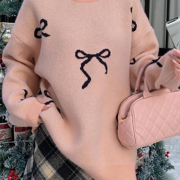 Pink Casual Women's Loose Fit Bowknot detailed Round Neck Long Sleeve Sweater - Picture 2 of 8